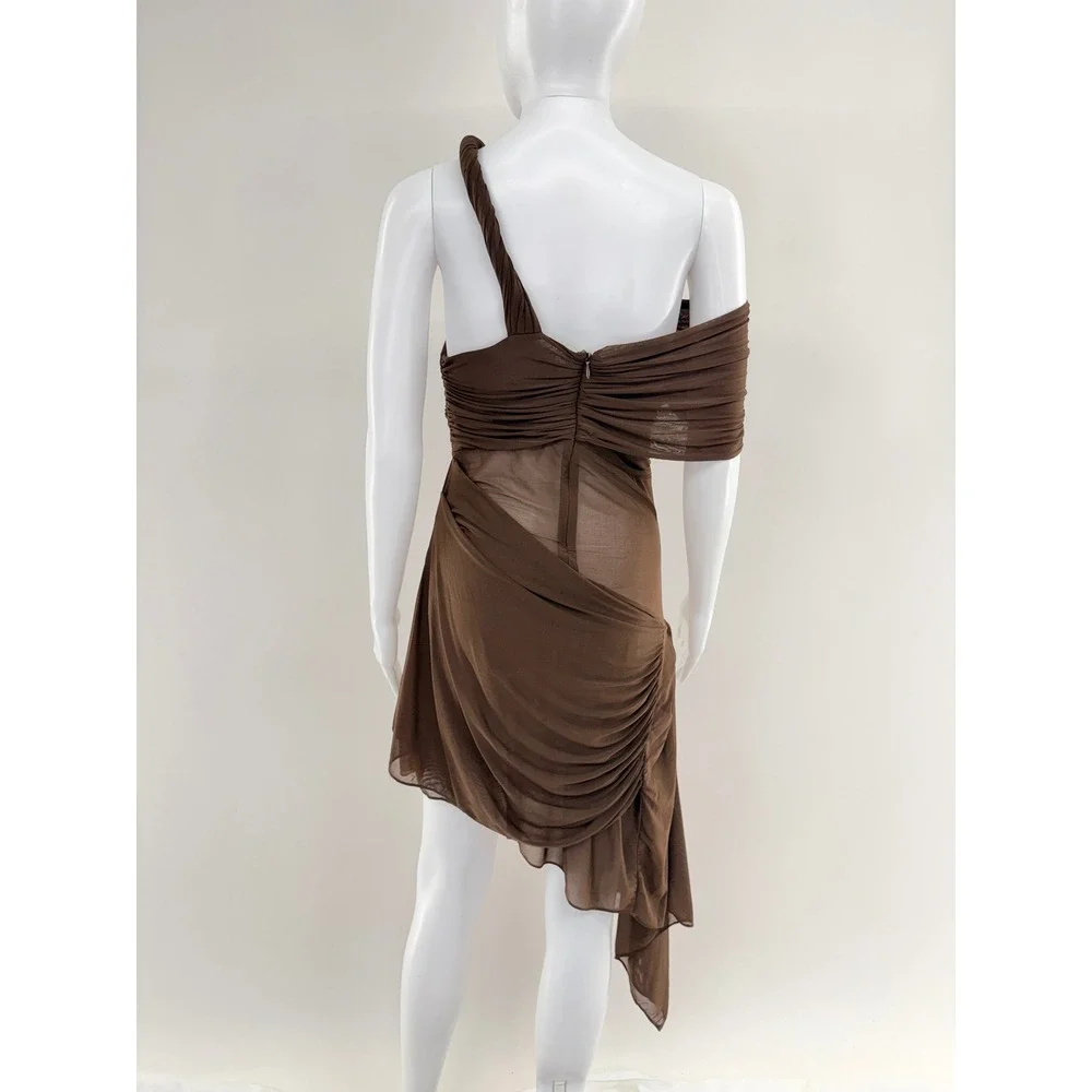 Ronny Kobo Brown One Shoulder Ruched Sheer Draped Mini Dress Size L - Picture 11 of 11